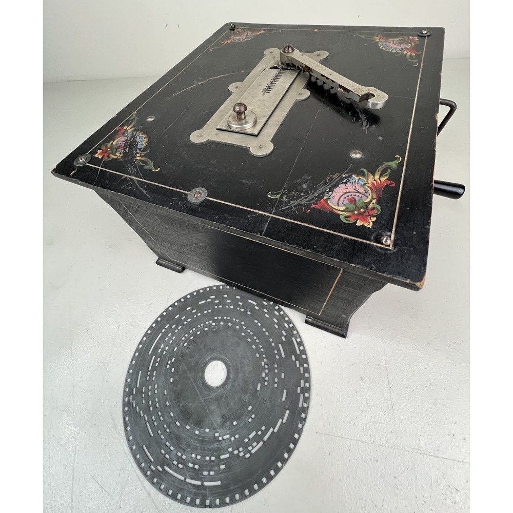 Antique 1890s Hand Crank Wood Organette Music Box with 6-5 inch Disc Works